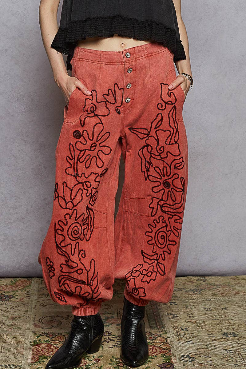 Kristina Floral Embroidered Joggers in Dried Apple