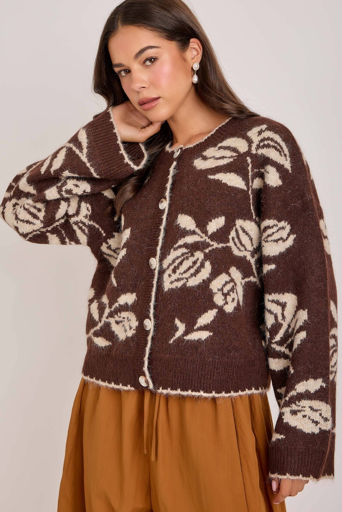 Julia Floral Patterned Cardigan in Mocha