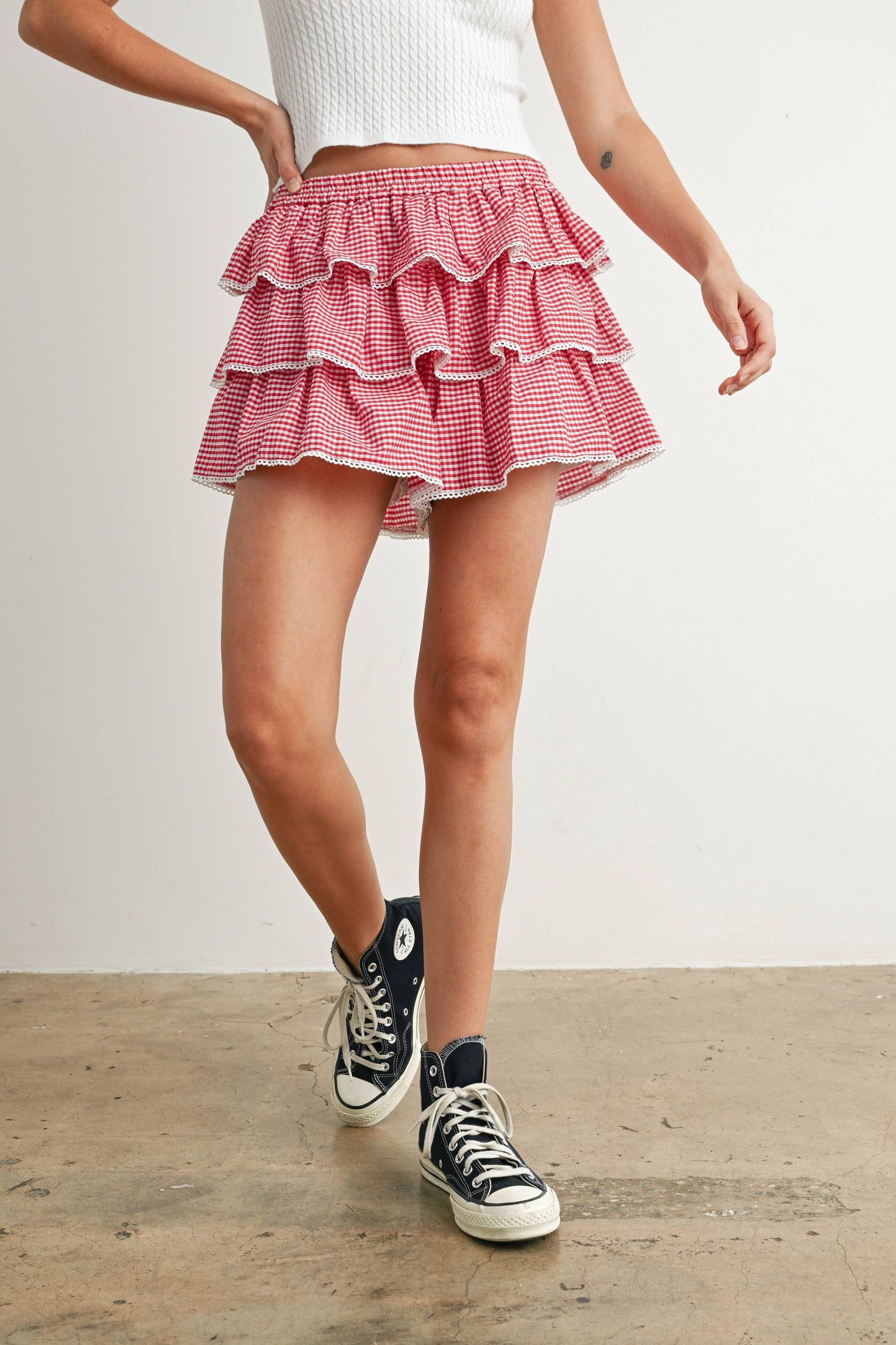 Aria Tiered Ruffle Mini Skort in Red