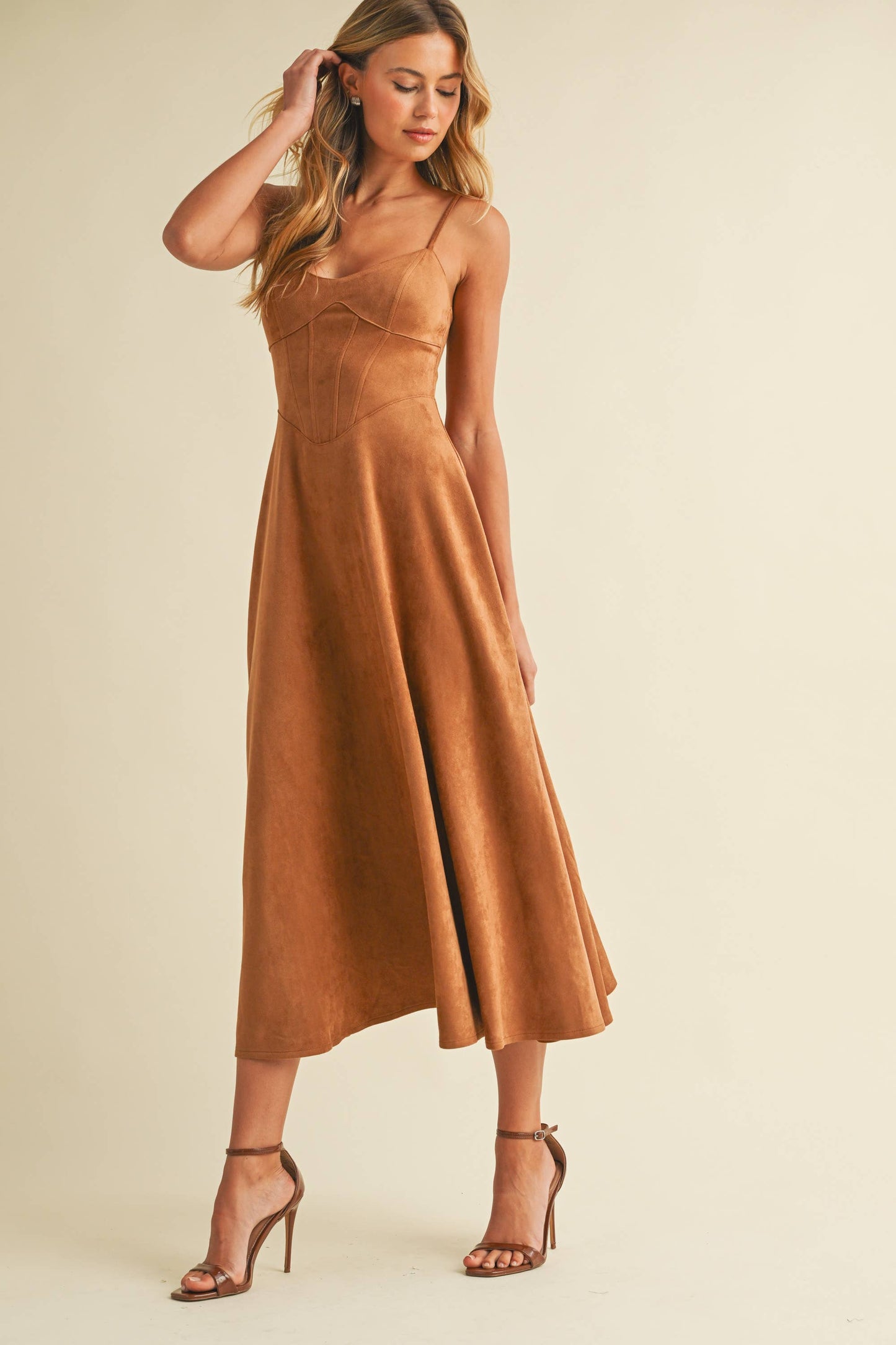 Emma Suede Corset Midi Dress in Camel