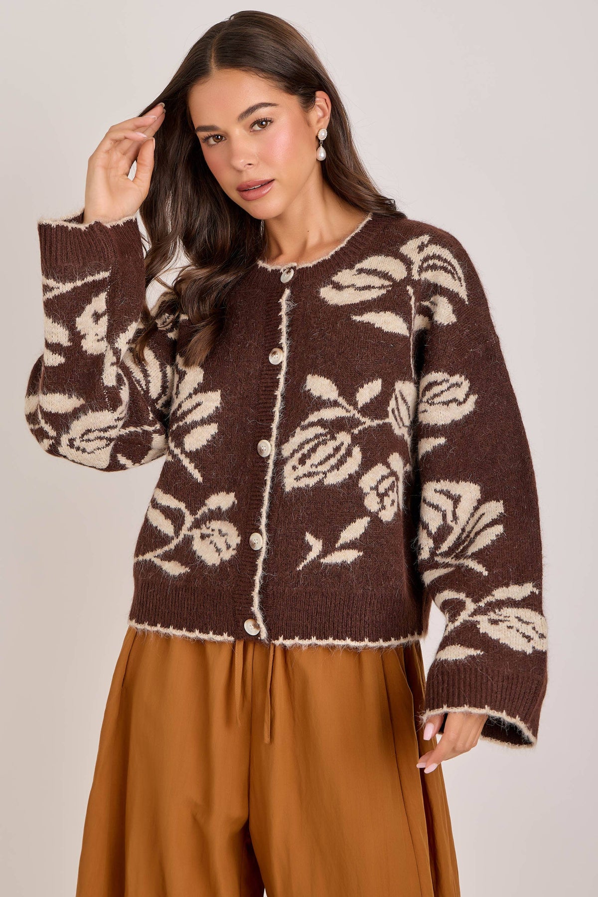 Julia Floral Patterned Cardigan in Mocha