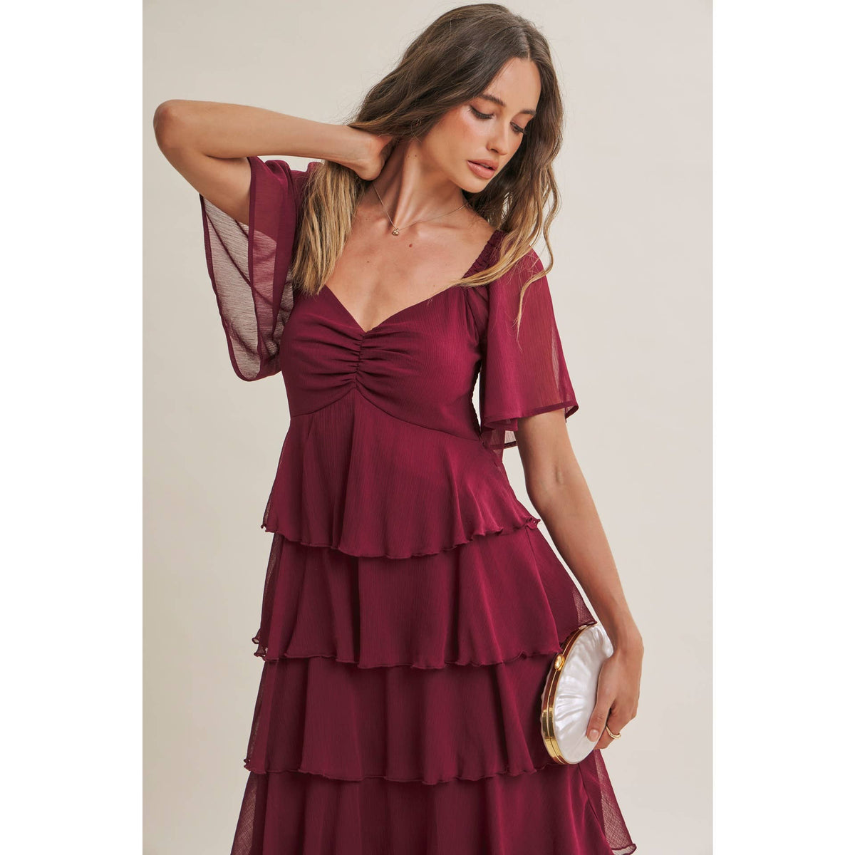 Cortney Smocked Maxi Dress in Burgundy