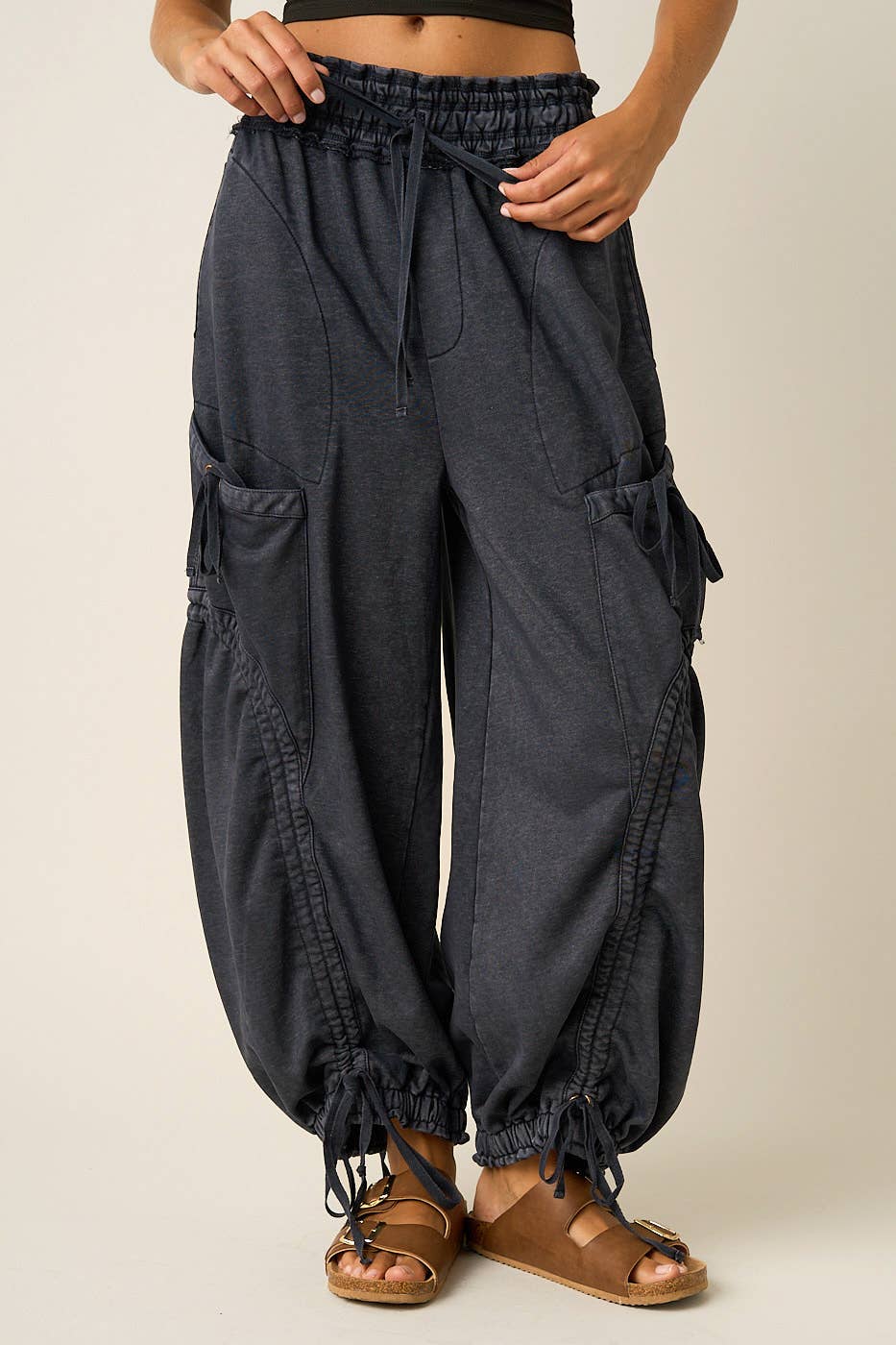 Klara Washed French Terry Drop Pocket Pant in Black