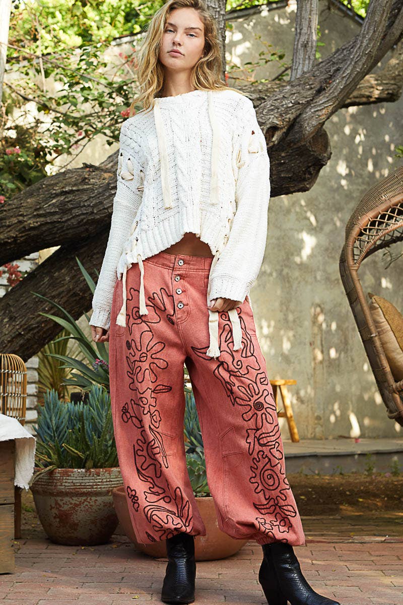 Kristina Floral Embroidered Joggers in Dried Apple