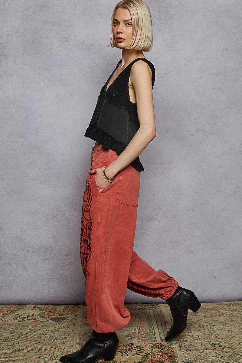 Kristina Floral Embroidered Joggers in Dried Apple