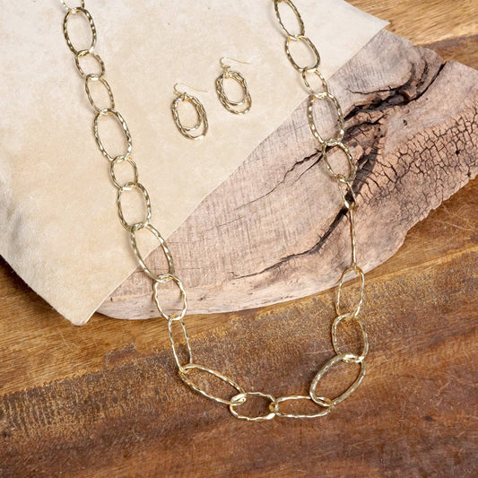 Versatile Hammered Gold Link Earrings and Necklace Set