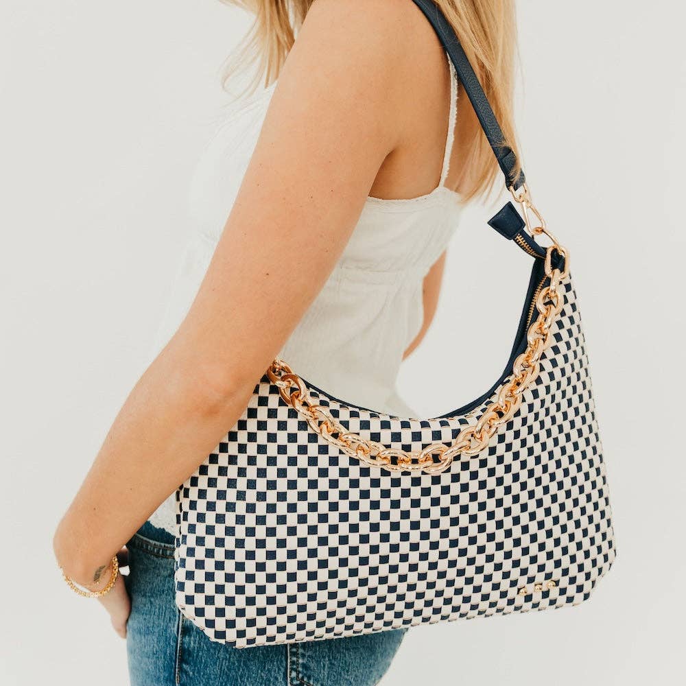 Sienna Slouchy Woven Shoulder Bag in Checkered Tan